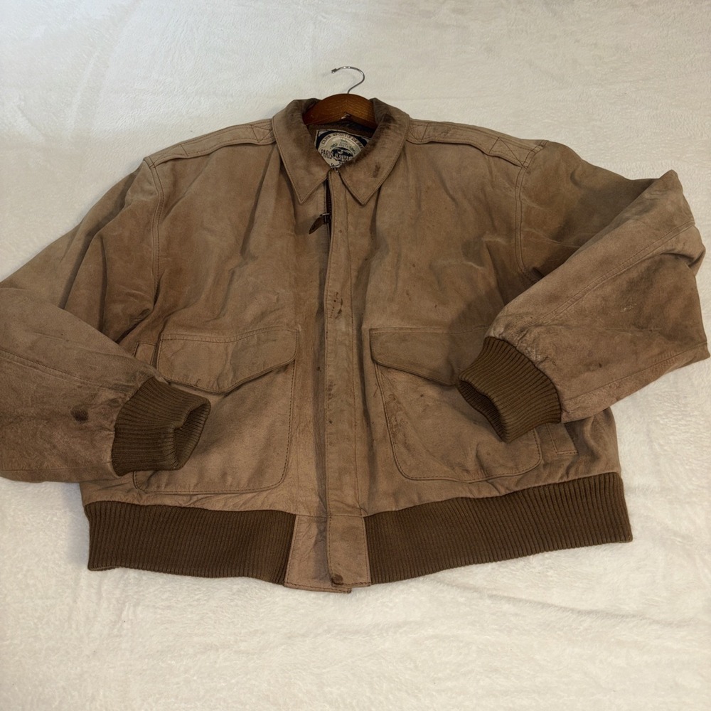Vintage Paris Sport Club Suede Leather Bomber Jacket Distressed Brown Men